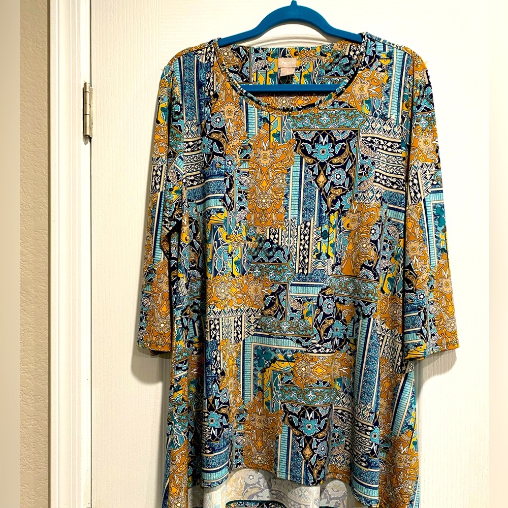 CHICO’S SZ 2 TEAL/ORANGE TUNIC (C)